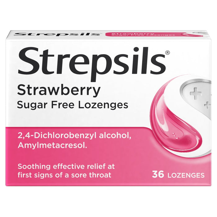 ستربسلز أقراص استحلاب بالفراولة خالية من السكر لعلاج التهاب الحلق 36 في العبوة