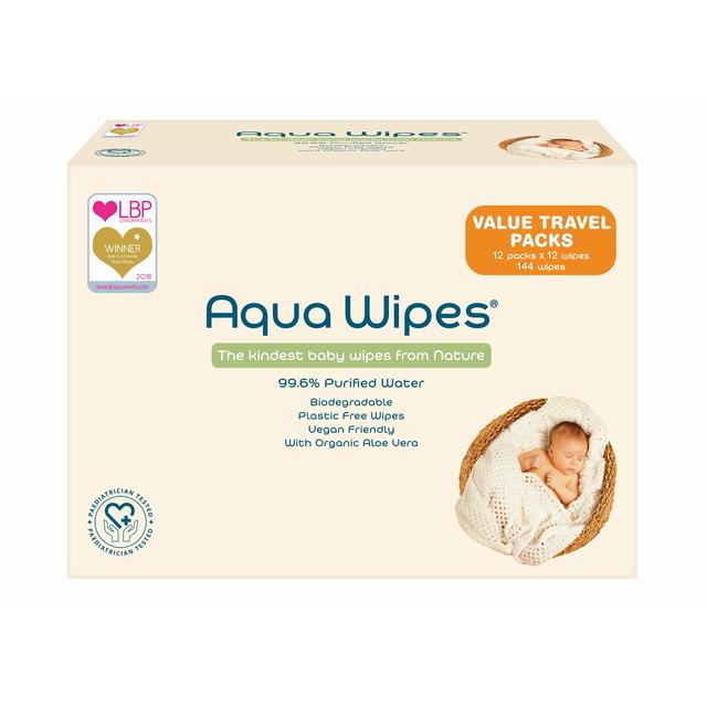 Aqua Wipes 100% Biodégradable Baby Wipes Travel Multipack 12 x 12 par pack