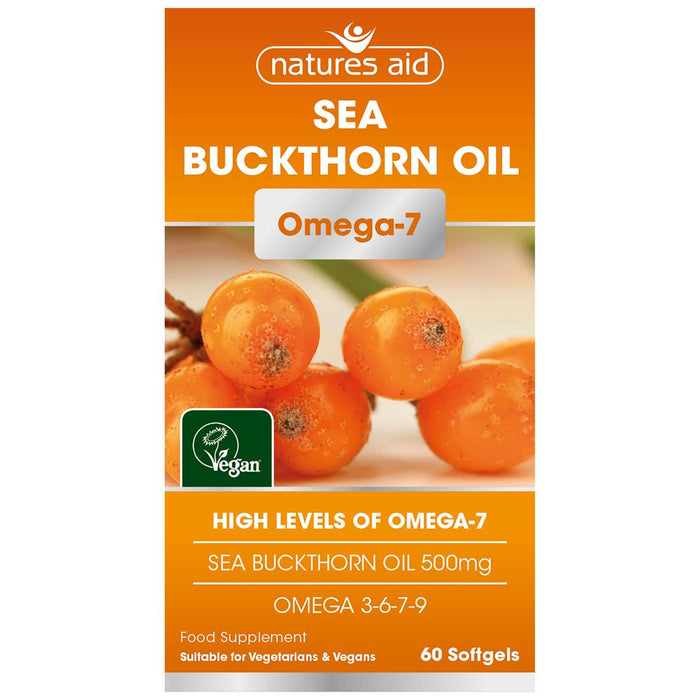 Natures Aid Sea Buckthorn Oil Omega 7 Cápsulas de suplemento de gel blando 500mg